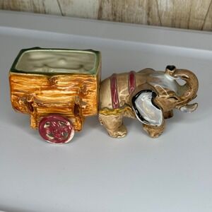 Ceramic Elephant Pulling Cart Planter Pot Figurine Vintage Occupied Japan